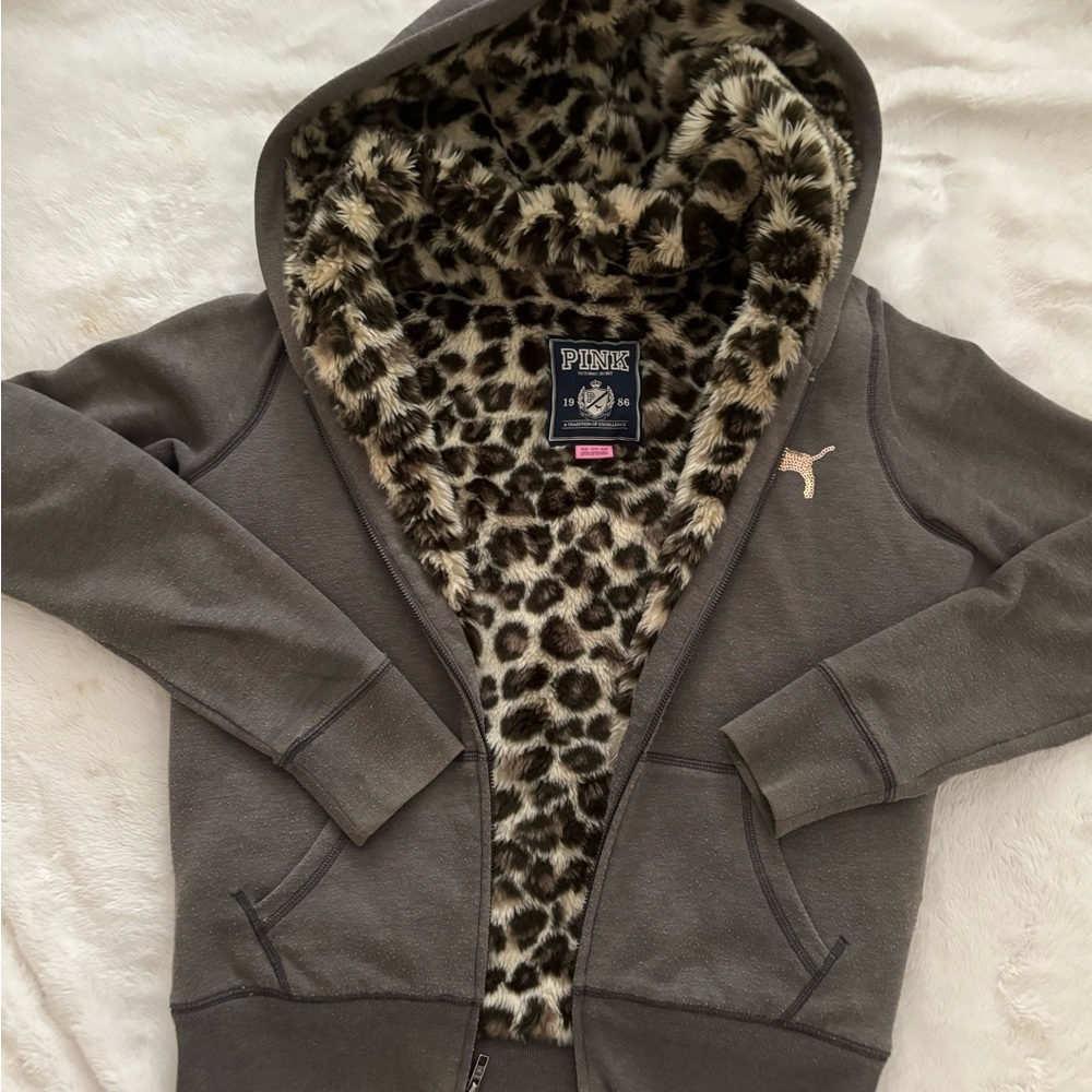 RETRO PINK Victoria's Secret BLING Hoodie with FUR Leopard Lining